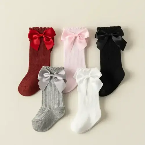 Baby's Bow Decor Socks, Cute Solid Color Socks for Baby Girls & Boys, Preemie Socks, Newborn Infant Kids Socks for All Seasons