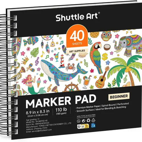 Shuttle Art Marker Pad, Portable Sketchbook, 40/70 Sheets Marker Drawing Paper, 110LB/180GSM Smooth Surface Bleedproof Art Paper, Spiral-Bound, Great for Beginners to Draw, Paint & Sketch,Additional Transparent Sheet,back to school,back to school haul