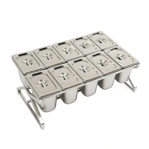 Stainless Steel Double Tier Spice Organiser, 6/10 Compartment Triangular Beveled Edges Adjustable Home Kitchen Countertop Rack with Length Adjust Feature