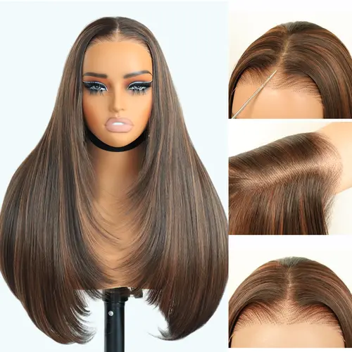 Glueless Wear And Go Synthetic layered cut 9x7 Lace Front Wig  Pre Plucked Pre Cut Straight Wig Natural Hairline with Tiny Knots  Premium Fiber