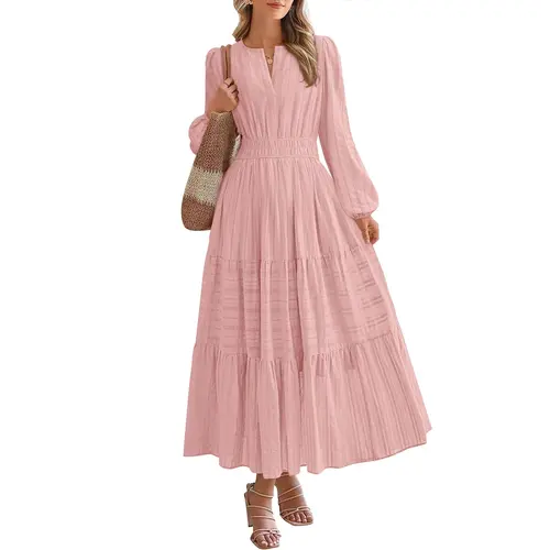 BTFBM Fall Dresses for Women 2026 Casual Long Sleeve V Neck Elastic Waist Lightweight Maxi Wedding Guest Dress Pockets
