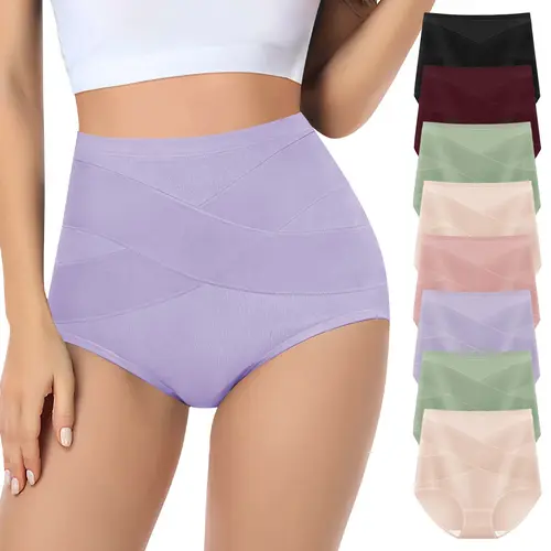 Morelect Women's Basic 8-Pack Cotton High-Waisted Solid Briefs Set 1 - Cross-Over Front Shapes Sleek Look, Tummy Control, Breathable, Full Coverage, Underwear for Women, Easy for Workouts Too, All-Season Daily Wear, Mother's Day Gift
