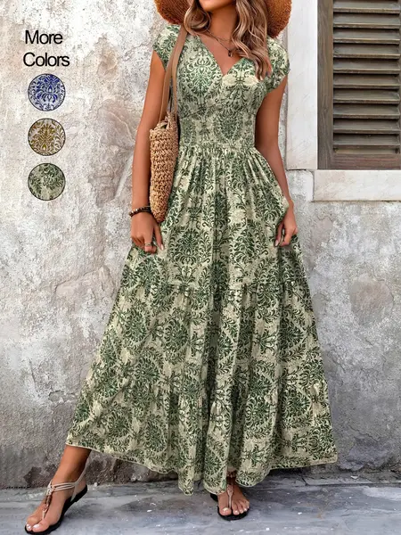 Women's All Over Print Shirred Flowy Maxi Dress, Boho Fashion Short Sleeve V Neck Dress for Daily Holiday Vacation Wear, Women Dress for Summer