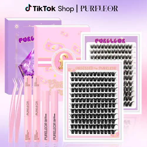 PURELEOR Cluster Lashes Kit - D Curl Individual Eyelash Extensions (10-16mm) - DIY At-Home Cosmetic Beauty Products with Polyester Components, Natural-Looking Lash Set