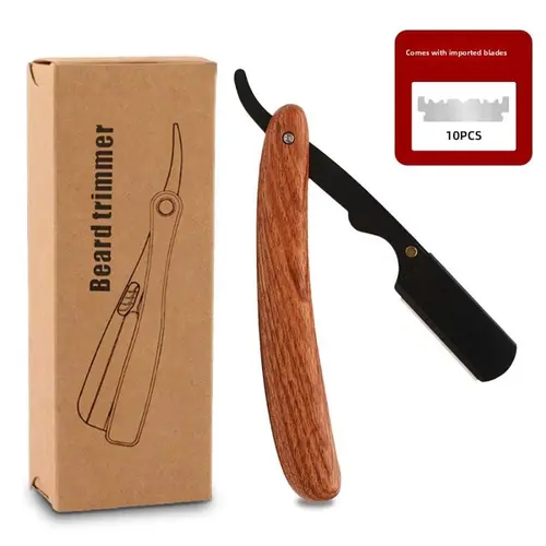 Professional Men's Facial Shaver, Face Shaver, Straight Razors, Straight Edge Barber Wood Handle Razor with 10 Replaceable Blades, Manual Daily Beard Shaving Care Tool
