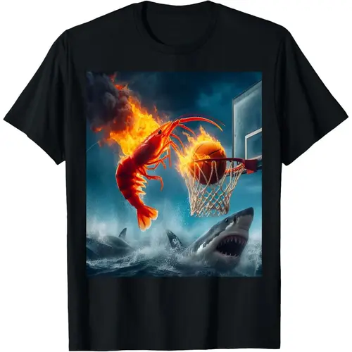 [Cotton graphic tees]men gifts Casual shortsleeve tops Shrimp Dunking on Shark Funny Fishing Meme T-Shirt,Hoodie and Sweatshirt for Autumn and Winter
