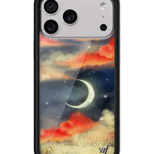 Orebella Limited Edition Trendy iPhone Case, Raised Protective Black Bumper, Durable Rubber-Polyurethane Custom Accessories, Women's Owned Small Business, Night Sky Red White Clouds Vibrant Crescent Moon Safety Casing, Gift for Her