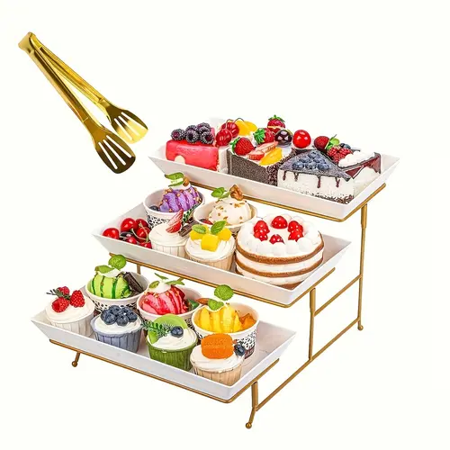 Sebastian CADIA 3-Tier Gold Frame Cupcake Stand - White Plates, Dessert Clip Set, High-Capacity Stable Easy-Clean Modern Kitchenware Decoration for Anniversary, Housewarming Dessert Serving Events