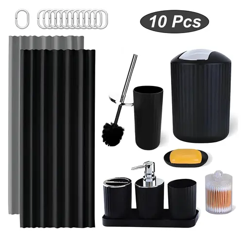 10 in 1 Bathroom Accessory Sets, Plastic Mountable Bathroom Supplies Set - Waterproof 71"×71" Shower Curtain with Hooks, Toothbrush Cup/Holder, Soap Dispenser, Dish, Deep Toilet Clean Brush, Qtip Holder, Trash Can for Bathtub