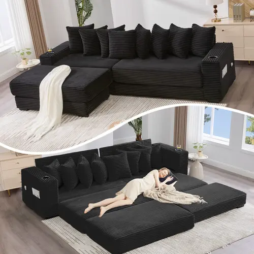 Niccae 110.75-in Modular L-Shaped Convertible Sleeper Sofa - 2-Pack Shipment, New Arrival, Video Included, Comfy Upholstered Corduroy Modern Sectional Couch with Movable Footstool, Cup Holder, 8 Cushions, Side Pockets, Living Room Apartment Furniture, Com