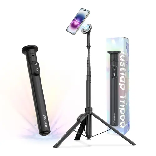 KraftGeek JustTap 66" Auto-Open Tripod – MagSafe Version (Clamp Version in Same Link) with Remote, for iPhone/Android, Vlog/Travel，Black/White/Pink