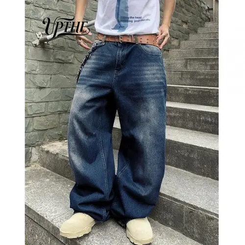 UP.THE Men's Y2K Baggy Wide-Leg Jeans, Dark Wash Cuffed Menswear Pants with Button Detail, Stylish Casual Vibe Hip Hop Streetwear in Black & Gray, Classic Quality