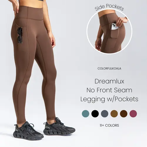 Colorfulkoala Women's Dreamlux No Front Seam Leggings, High-Waisted Seamless Yoga Pants with Pockets, Nylon Lycra, 25"/28" Inseam, Gym Fitness Leggings, Seamless Leggings
