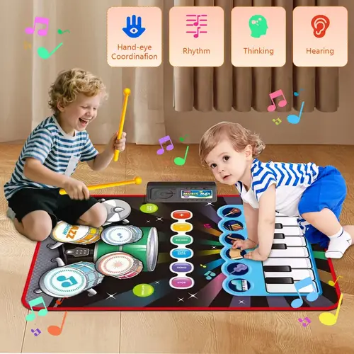 2-in-1 Musical Playmat Toddler Educational Toy for 1-5 Years, Foldable Waterproof Piano Keyboard & Drum Set with 2 Drumsticks, 4 Instruments, Durable Non-Toxic Easy-to-Carry Toy (Hand-Eye Coordination Boost, Baby Toddler Christmas/Birthday Gifts)