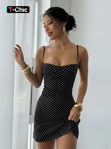 Sexy Stylish Comfortable Polka Dot Backless Spaghetti Strap Dress, Women's Fashion Casual Fitted Wear for All Seasons, Womenswear