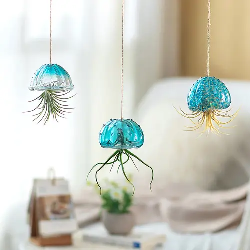 3Pcs Jellyfish Glass Hanging Air Plant Holder with Jute Ropes - Cute Planters for Tillandsia Succulents, Indoor Plant Decor for Kitchen, Container Gardening Botanical Aesthetic Wind Chimes DIY Support