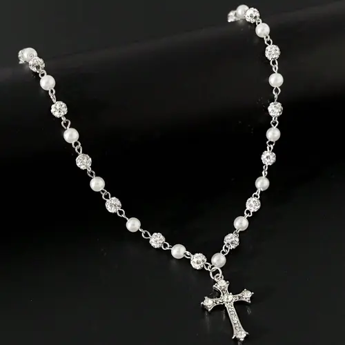 Vintage-Style Faux Pearl Necklace with Rhinestone Cross Pendant, Men's Hip Hop Punk Jewelry, Bling Faux Pearl Chain Necklace, Trendy Necklace, Necklace Gift