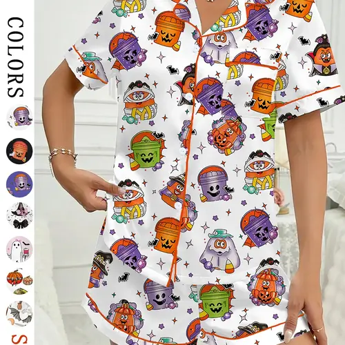 Women's Halloween Bat Print Pajama Set, Casual Comfy Short Sleeve Top & Shorts Loungewear Set, Ladies Sleepwear for All Seasons, Womenswear