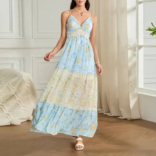 Women Spaghetti Strap Floral Maxi Dress, V Neck Ruffle Trim Smocked Waist Tiered Chiffon Flowy Long Summer Beach Sundress