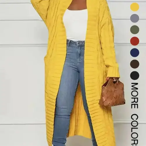 Women's Solid Color Pocket Open Front Twist Knit Basic Cardigan, Casual Style Oversized Loose Long Sleeve Cozy Knitwear for Fall & Winter, Women's Knit Clothing for Daily Wear, Womenswear, Knitting, Lady