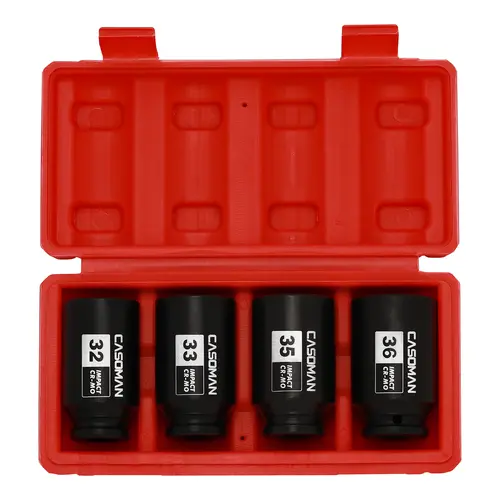 CASOMAN 4pcs Impact Sockets Set - 1/2'' Drive 6-Point CR-MO (Chromium-Molybdenum Steel) Deep Spindle Reach Socket Wrench Set, Metric 32/33/35/36mm Laser Etched Heavy Duty Hand Tools for Car Repairs, Ideal for DIY Enthusiasts