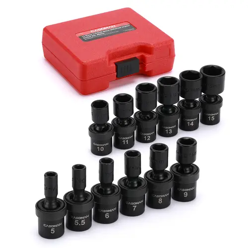 CASOMAN 1/4-Inch Drive Shallow Metric 6-Point Cr-Mo Steel Impact Sockets Set - 12-Piece 5mm-15mm Socket Wrenches with 360° Full Rotation Swivel Head, Mechanic Work Tools