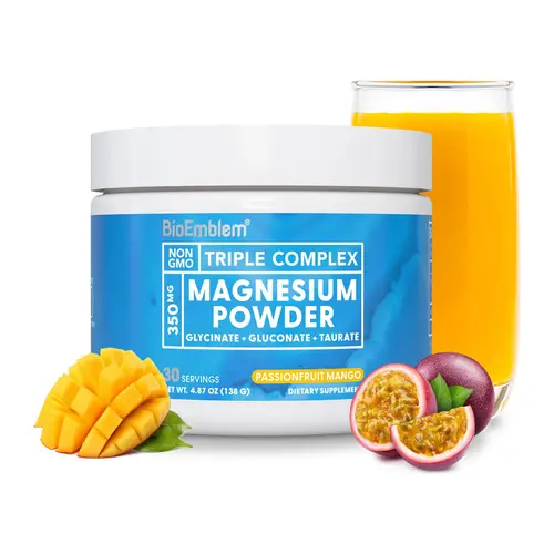 BioEmblem Triple Magnesium Calm Powder Drink - Vegan-Friendly Daily Calm Magnesium Dietary Supplement for Adults, Muscle Support, Brain Health, Glycinate, Gluconate, Taurate, GABA, Passionfruit Mango Flavor