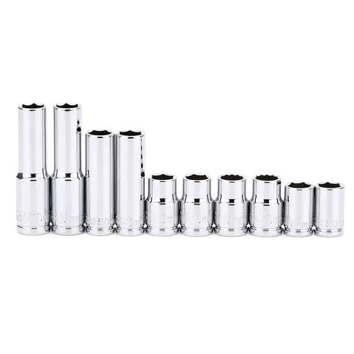 CASOMAN 10-Piece Impact Sockets Set, 1/4" & 3/8"-Drive Metric Set with 10mm Deep/Shallow Mirror Chrome Sockets (6-Point & 12-Point), Wrench Extend Rod, Mechanic Tools, Father's Day Gift