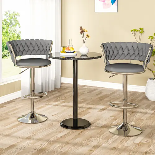 AWQM Velvet Barstool Set of 2, Minimalist Upholstered Counter Height Barstools, Adjustable Height Indoor Kitchen Island Gray Upholstered Chairs (Beige, Black Color Options)