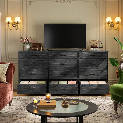 【24H Online Help】Raybee 12 Drawer Dresser for Bedroom, 55" Wide Storage Chest of Fabric Drawers with Wooden Top & Metal Frame, Long Bedroom Dresser TV Stand for Up to 60 Inch TV, Multi-functional Closet Organizer Tower for Living Room, Dorm, Entryway,