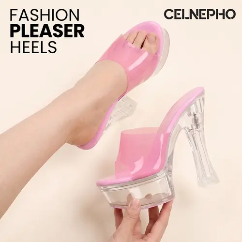 CELNEPHO Womens Heeled Sandals Pleasers Heels Transparent Y2K Sandal Rose Clear Platform High Heels Peep Toe Stiletto Heel Pumps Comfy Easy Slip on Wedding Party Prom Nightclub Gifts Work Casual Date Summer Fashion Stripper Mules Dressy Shoes for Ladies