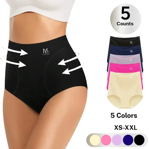 Women's 5-Pack High Waist High Stretch Seamless Polyester Knit Body Shaping Panties - Elegant, Solid Color, Soft, Lightweight Tummy Control, Breathable Underpants for Everyday Comfort, Solid Color Panty, Shapewear
