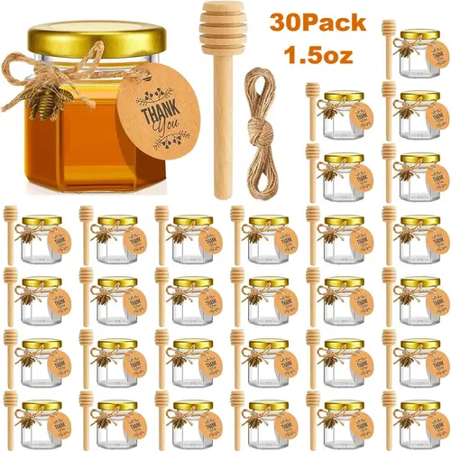30 Pack 1.5oz Compact Eco-Friendly Traditional Rectangle Mini Glass Honey Jars with Dippers - Gold Metal Lids, Bee Pendants, Gold Ribbons, Waterproof, Freshness-Maintaining, Dishwasher Safe, Wooden Accent Compatible Wedding Party Favor Storage Containers