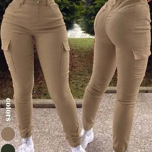 GILIPUR Y2K Khaki Textured Woven Fabric Work Trouser Pants with Multiple Pockets, Women's Slim-Fit Sporty Skinny Cargo Pants, Casual Sports Style Aesthetics for Summer and Autumn, All Sizes