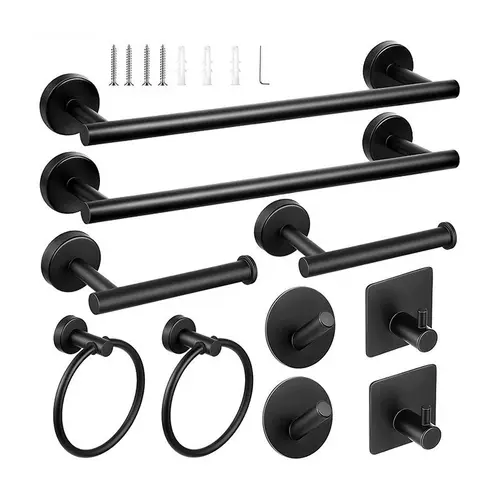 Matte Black 304 Stainless Steel Bathroom Hardware Set (10-Piece) - 2x15.7in Towel Bars, 4xTowel Hooks, 2x6.3in TP Holders, 2xTowel Rings for Modern Bathrooms, 304 Stainless Steel Towel Holders, 6.3" Tp Holders