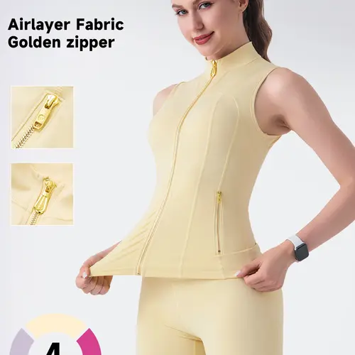 UnciaActive Women's 2-Piece Minimalist Gold-Color Zipper Vest & Tight Above-The-Knee Shorts Set - Airlayer Fabric, High Elasticity Workout Matching Sets for Women, Yoga, Gym Outfits, 2 Piece Sets