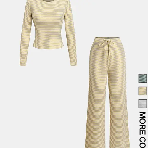 Women's Striped Print Long Sleeve Fitted Tee & Pants, Casual Two-piece Set for Everyday Daily Wear, Ladies Two-piece Outfits for All Seasons, Soft Knit Womenswear Top, Striped Lounge Set