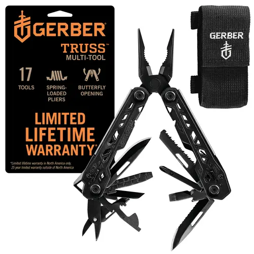 Gear Truss 17-in-1 EDC Needle Nose Pliers Multi tool - includes Pocket Knife, Screwdriver, and Bottle Opener Accessories - Gifts for Men, Fishing and Camping Gear - Black with Molle Sheath