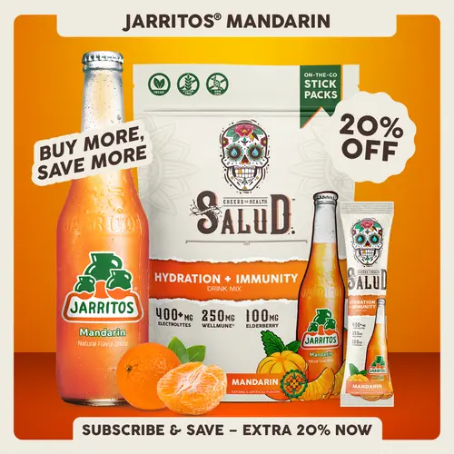 Salud x Jarritos 2-in-1 [Hydration & Immunity - Mandarin] Electrolytes Powder, Agua Fresca Drink Mix, Elderberry, Dairy & Soy Free, Non-GMO, Gluten Free, Vegan, 1g Sugar (15 Servings)