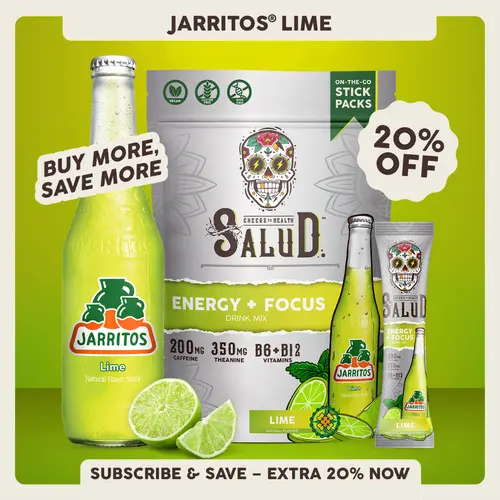 Salud x Jarritos 2-in-1 [Energy + Focus - Lime] Clean Energy Drink Mix, Agua Fresca, Organic Caffeine, B6 & B12, L-Theanine, Drink Packets, Non-GMO, Gluten Free, Vegan, Low Calorie, 1g Sugar (15 Servings)