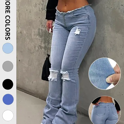 NVFelix Ripped Bell Bottom Flare Jeans Pants Women Casual Everyday Low Rise Destroyed Hem Denim for Boho Festival Concert Streetwear Ripped Slim Fit