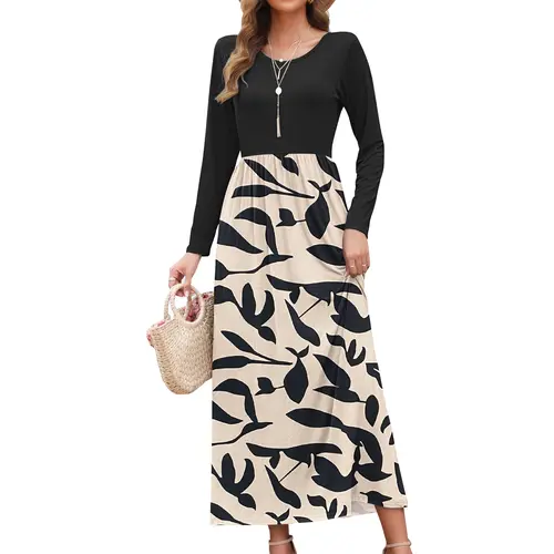 AUSELILY 2025 Fall Women Long Sleeve Loose Round Neck Maxi Dresses Casual Long Dresses with Pockets Christmas Dress
