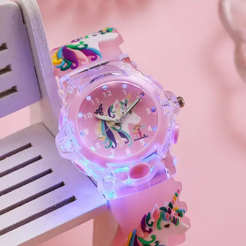 Kids Cute Unicorn Design Quartz Watch, Child Watch, Trendy Luminous Silicone Strap Wristwatch for Girls, Fashionable Accessory and Great Gift Idea without Gift Box
