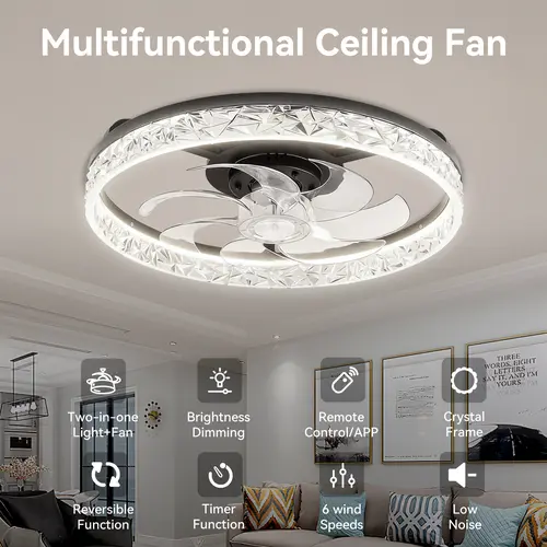 GALENTAL Multifunctional Ceiling Fan Lights - 110v-220v DC Reversible Fan with Remote/APP Control, 6 Wind Speeds, Timing, Low Noise, Bright Illumination, Adjustable Brightness, 3 Color Temperatures, for Indoor Use Ceiling Spots, Living Room, Bedroom
