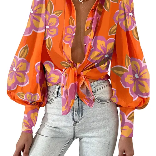 BTFBM Women Fashion Button Down Shirts V Neck Printed Solid Boho Long Sleeve Blouses Dressy Casual Summer Fall Tops