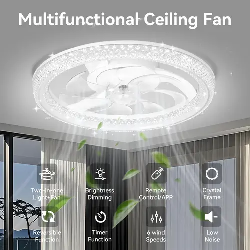 GALENTAL DiamantesSmart Ceiling Fan with Light, 6-Speed Reversible DC Motor, APP/Remote Control, Timer & Stepless Dimming, 3 Color Temperatures (3000K-6500K), 20"-White Crystal for Bedroom, Living Room, Study, BackToSchool, Plastic