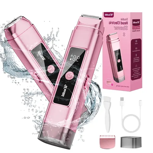 [Tiktokshopbacktoschool]Upgrade Protection Electric Bikini Trimmer for Women 2-in-1 Razor & Shaver with Dual Heads for Body Pubic Hair, IPX6 Waterproof with LED Display - Rechargeable Lady Trimmer for Underarm Body Leg Face ,