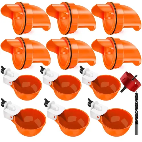 14-Pieces Automatic Feeder & Waterer Set for Chickens & Ducks - Outdoor Waterproof Rain-Ready Cover Poultry Dispenser Kit with 6 Feeding Ports, 6 Water Cups, DIY Hole Saw Kit, Drill Bit, Easy Setup Farm Animal Feeding Tool