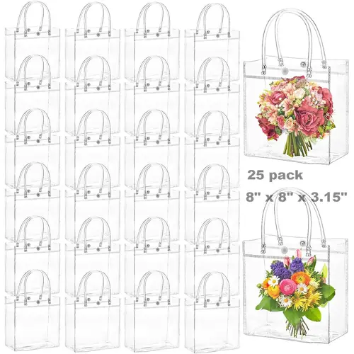 25-Pack Square Shape PVC Plastic Gift Bags (8x3.1x8 in) with Handles, Waterproof Gift Wrapping Supplies, Lightweight Birthday-Themed Party Bags & Package for Perfume Bakery Presents