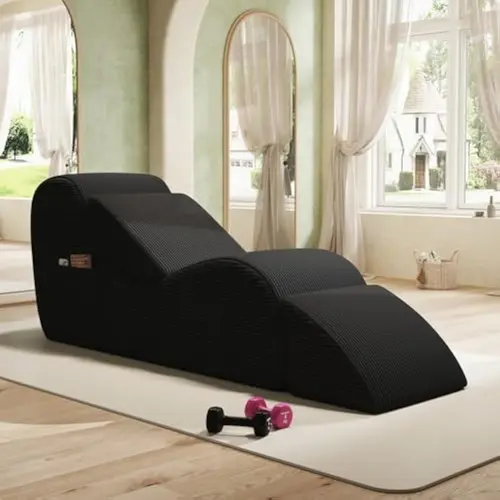 Modern Yoga Floor Chair with Ottoman Footrest - Ergonomic Curved Form High-Density Foam Relaxation Chair for Adults, Lumbar Pillow, Side Pockets, Washable Cover for Bedroom Reading & Home Decor